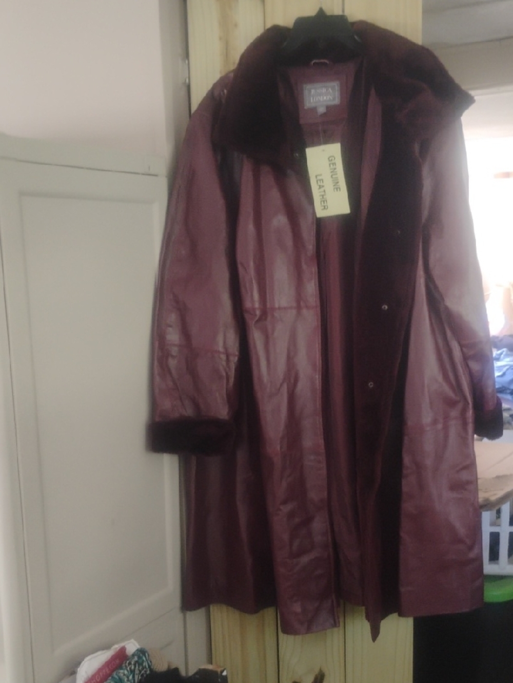 Jessica London Burgundy Genuine Leather Coat with Fur Trim